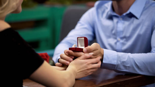 istock Man proposing marriage to his beloved lady, making responsible step in life 1142209420