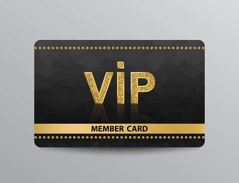 Golden VIP member card template with glittering VIP icon and rivets on black polygonal background.