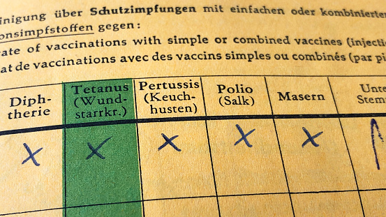 German international certificate of vaccination with complete records for diphtheria, tetanus, pertussis, polio and measles