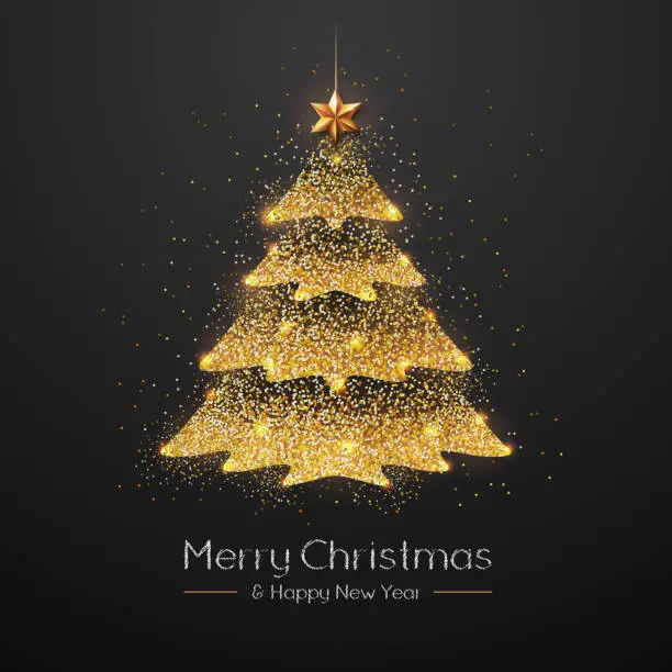 Vector illustration of Christmas poster with golden Christmas tree. Christmas greeting card