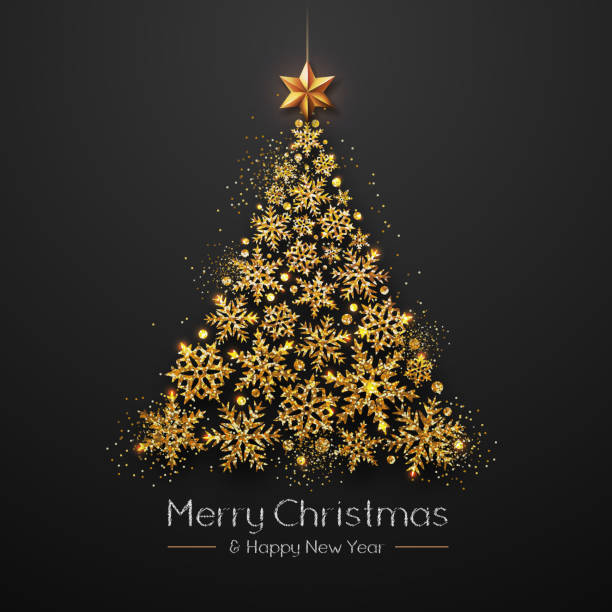 istock Christmas poster with golden Christmas tree. Christmas greeting card 1142211253