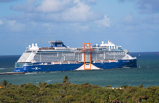 Fort Lauderdale, United States - February, 10, 2019 -New cruise ship  Celebrity Edge departing from Fort Lauderdale.