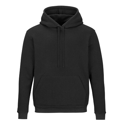 Front of mock up black sweatshirt with hood isolated on white background