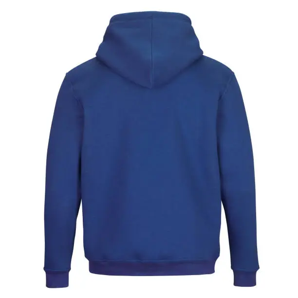 Back of mock up blue sweatshirt with hood isolated on white background