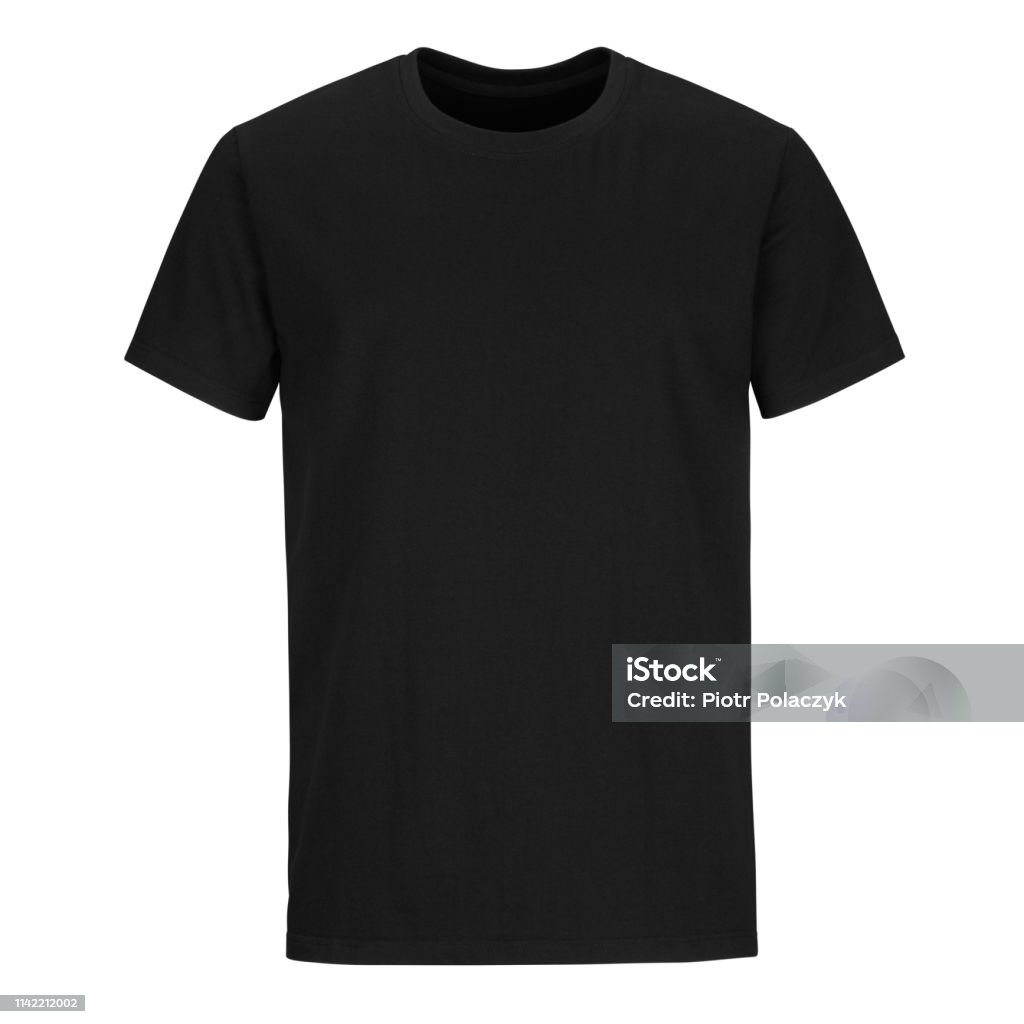 Front of men cut black  t-shirt isolated on white background Front of men cut black t-shirt mock up isolated on white background T-Shirt Stock Photo