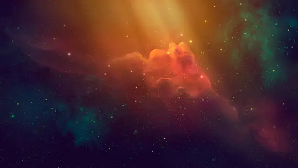 Space scene. Coloful nebula with starfield. Digital hand painted