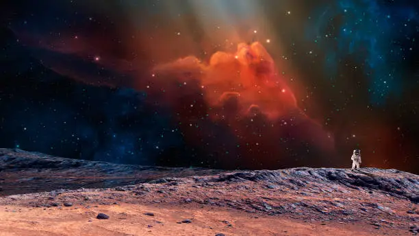Photo of Space scene. Astronaut on planet with colorful nebula. https://mars.nasa.gov/resources/7485/hinners-point-above-floor-of-marathon-valley-on-mars-enhanced-color/  https://nssdc.gsfc.nasa.gov/imgcat/html/object_page/a11_h_40_5903.html