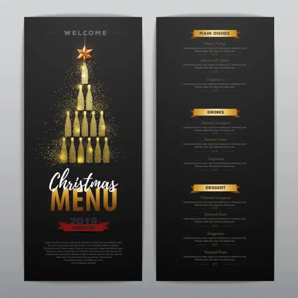 Vector illustration of Christmas menu design with golden champagne bottles. Restaurant menu. Pyramid of champagne bottles