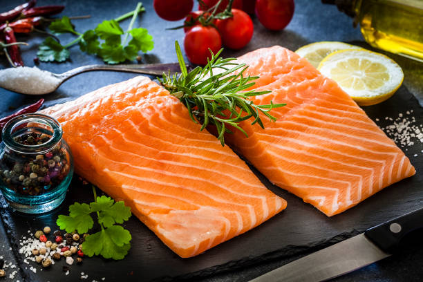 istock Two raw salmon fillets ready for cooking on kitchen table 1142214619
