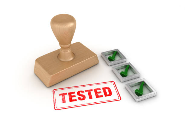 comprobar lista con sello de caucho probado-renderizado 3d - questionnaire quality control checklist exam fotografías e imágenes de stock