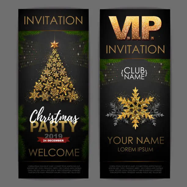 Vector illustration of Christmas poster with golden christmas tree. Invitation design.