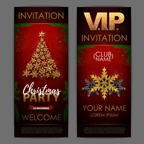 Vector illustration of Christmas poster with golden christmas tree. Invitation design.