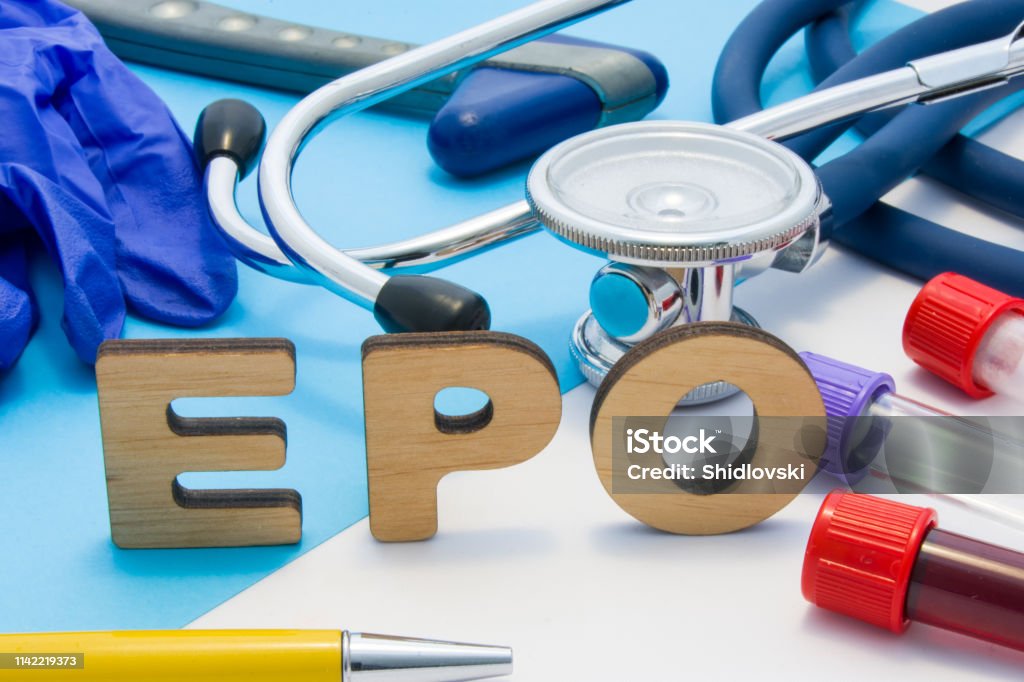 EPO Medical lab acronym, meaning erythropoietin in blood. Letters that make word of EPO, located near test tubes with blood, stethoscope and other diagnostic tools and devices, latex gloves Erythropoietin Stock Photo