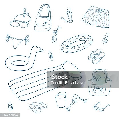 istock Summer and beach items. Set of hand drawn vector illustrations. 1142220646