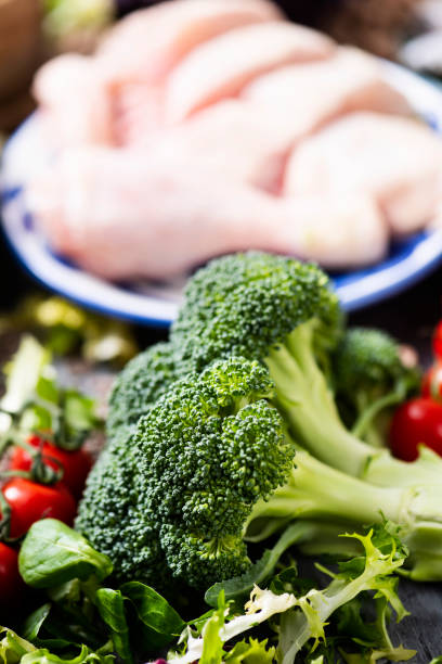 broccoli, tomatoes and chicken meat