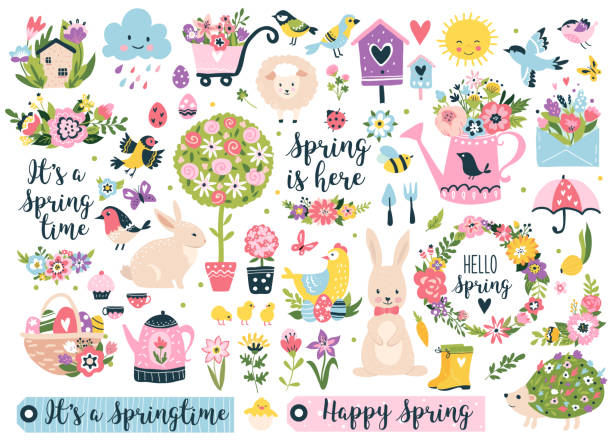 ilustraciones, imágenes clip art, dibujos animados e iconos de stock de juego de primavera. - monada ilustraciones