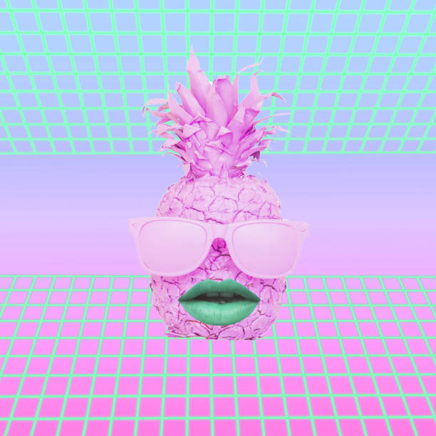 istock painted pink pineapple head in sunglasses and green lips. Neon road background with gradient color 1142226396