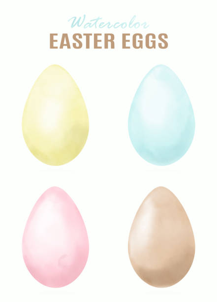 illustrazioni stock, clip art, cartoni animati e icone di tendenza di set di uova di pasqua acquerello rosa, giallo, blu e marrone con colori pastello. elementi di design pasquale. - white background brown animal egg ellipse