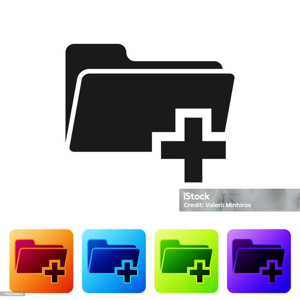 Black Add New Folder Icon Isolated On White Background New Folder File Sign Copy Document Icon Add Attach Folder Make New Icon Set In Color Buttons Vector Illustration