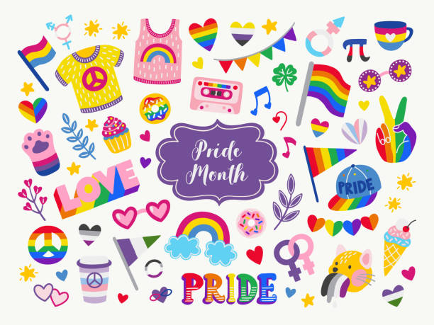Vector collection of LGBTQ community symbols. Hand drawn icon set Vector collection of LGBTQ community symbols with pride flags, gender signs, rainbow colored sweet food, apparel. Pride month hand drawn concept. Gay parade symbols. LGBTQ icon set. honor illustrations stock illustrations