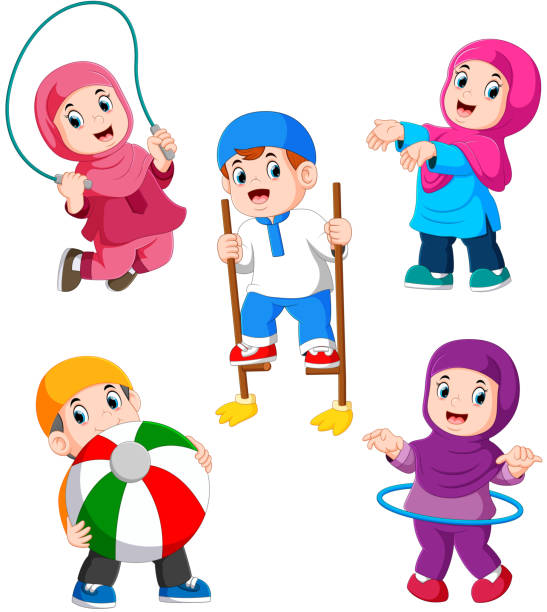 the children are playing with their different toys illustration of the children are playing with their different toys cartoon of muslim costume stock illustrations