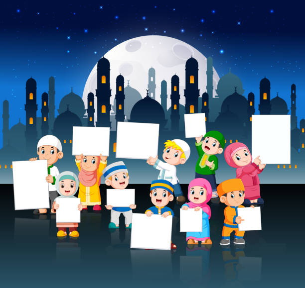 the children are holding their blank banner in night city illustration of the children are holding their blank banner in night city cartoon of muslim costume stock illustrations