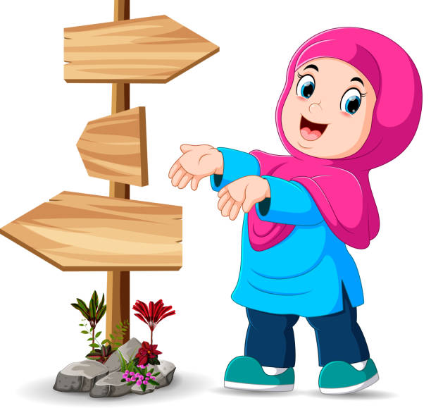 the girl is standing beside the signpost and show the right way illustration of the girl is standing beside the signpost and show the right way cartoon of muslim costume stock illustrations