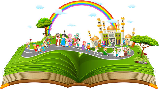the beautiful story book with the muslim people on it illustration of the beautiful story book with the muslim people on it cartoon of muslim costume stock illustrations