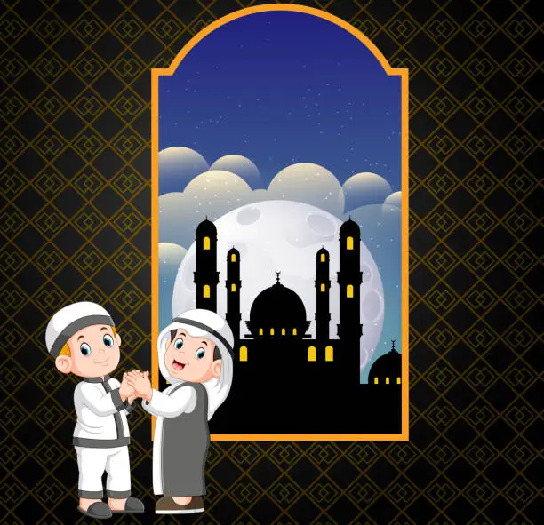 Vector illustration of the two man are giving apologies to each other in front og the mosque