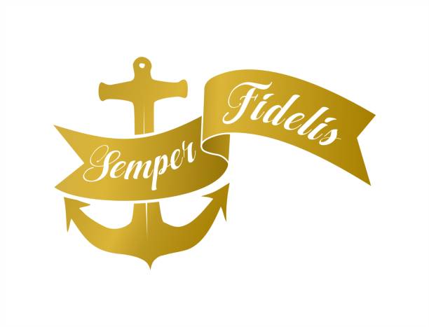 ilustraciones, imágenes clip art, dibujos animados e iconos de stock de bandera semper fidelis y símbolo de anclaje en color dorado. siempre fiel emblema. - semper fidelis