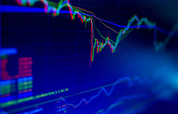 Selective focus of Business graph charts of financial instruments with various type of indicators combine with gold and account book and money. Concept investment. Moving average graph