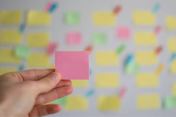 istock A hand holding empty pink sticky note in front of a kanban board 1142242246