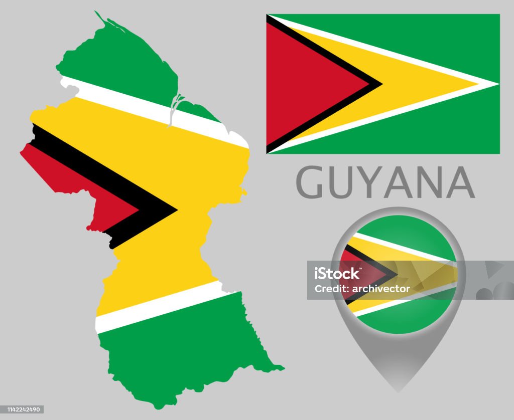 Guyana Colorful flag, map pointer and map of the Guyana in the colors of the Guyanese flag. High detail. Vector illustration Abstract stock vector