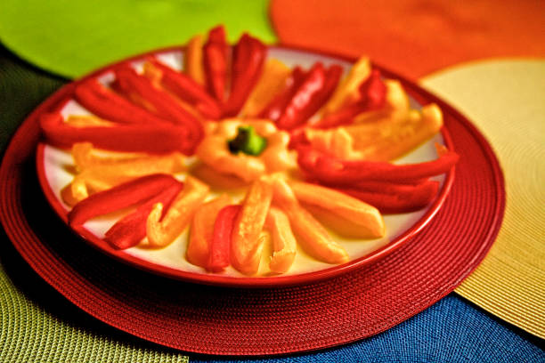 Spring Bold vibrant primary colors with plate of peppers looking like flower