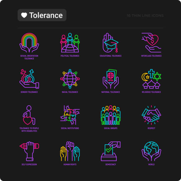 Tolerance thin line icons set: gender, racial, national, religious, sexual orientation, educational, interclass, for disability, respect, self-expression, human rights, democracy. Vector illustration. Tolerance thin line icons set: gender, racial, national, religious, sexual orientation, educational, interclass, for disability, respect, self-expression, human rights, democracy. Vector illustration. racism icon stock illustrations