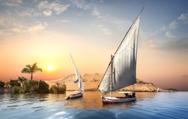 Sunset in Aswan River Nile and boats at sunset in Aswan felucca boat stock pictures, royalty-free photos & images