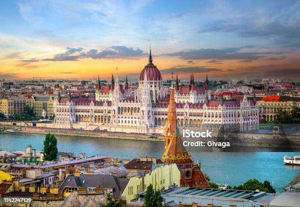 Landmarks In Budapest Stock Photo - Download Image Now - Budapest, Hungary, Parliament Building