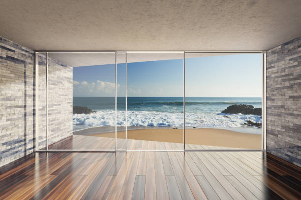 비어 있는 현대적인 라운지 공간 - window looking through window sea looking at view 뉴스 사진 이미지
