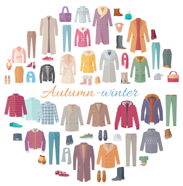 herbst-winter-kleidungssammlung illustration - herbst kollektion stock-grafiken, -clipart, -cartoons und -symbole