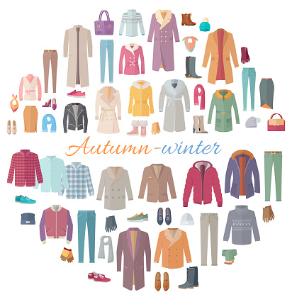 Set of autumn-winter clothes. Vector in flat design. Big collection of various wear and shoes for cold season. Fashion trends. Popular models outerwear. For store, boutique, brand ad. On white