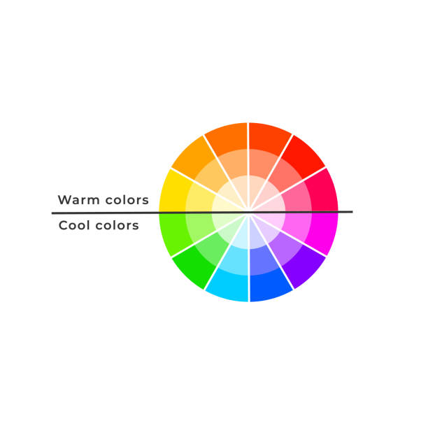 컬러 휠은 따뜻하고 시원한 색 온도 특성으로 나누어 졌습니다. - color swatch print color image spectrum stock illustrations