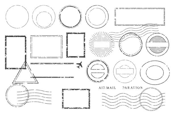 엽서 우표 및 마크. 우 송료 캔 슬 및 배송 라벨. - postage stamp air mail envelope mail stock illustrations