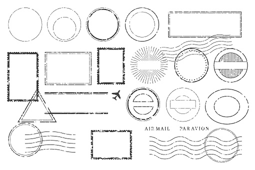 Postcard stamps and marks. Postage cancellation and shipping labeling