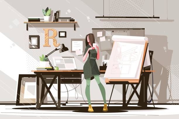 ilustrações, clipart, desenhos animados e ícones de arquiteto da menina que trabalha no projeto - interior designer