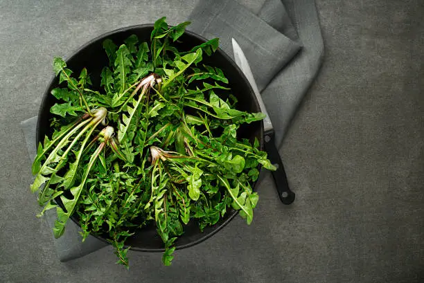 Fresh dandelion leaves overhead shoot. Healthy natural organic food concept - Image