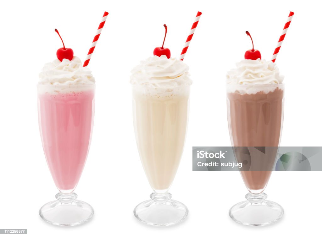 Milkshakes Collection Strawberry, vanilla and chocolate milkshakes isolated on white (excluding the shadow) Milkshake Stock Photo