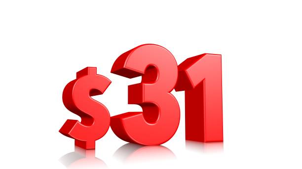 istock 31$ price symbol. red text 3d  render with dollar sign on white background 1142262579