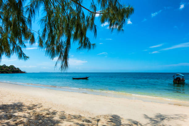 istock Tropical sea, palms and boat on white sand beach 1142262671