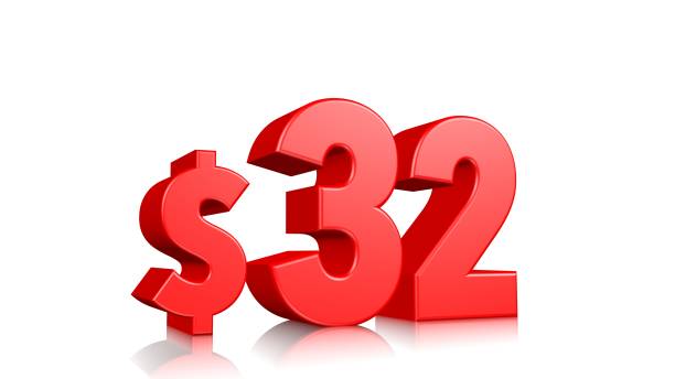 istock 32$ price symbol. red text 3d  render with dollar sign on white background 1142262684