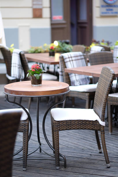 istock Empty tables of street cafes 1142262791